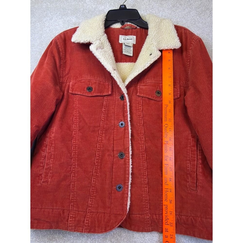 LL Bean Corduroy Trucker Jacket Womens Medium Burnt Orange Sherpa Lined Bomber - Picture 7 of 9